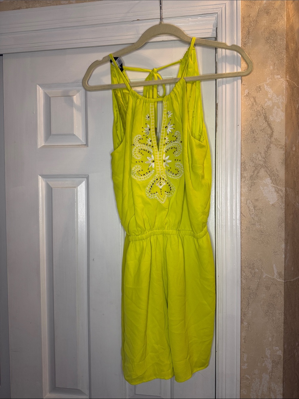 Bebe Yellow Embroidered Halter Romper